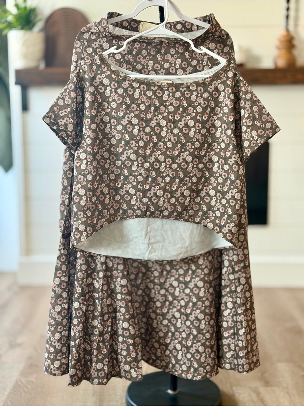 Joyfolie Green Maxi Skirt with Pink Floral Print Matching Shirt